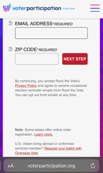 QR Code in voter mailings does not go to state registration form until after Voter Participation Center collects user's data in an apparent mining tactic. 